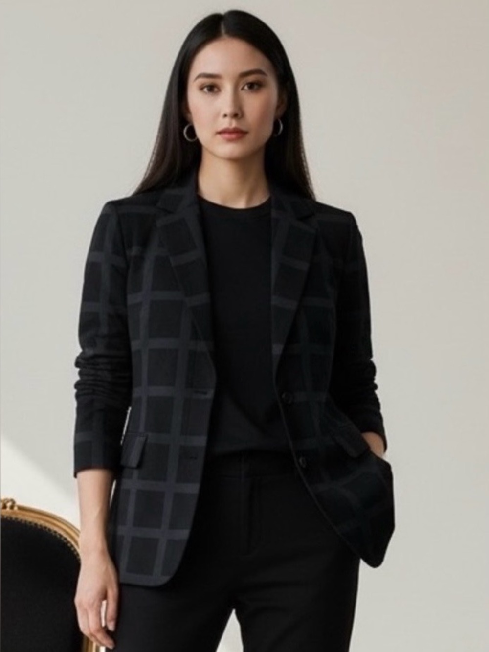 Armani Collezioni Black Tonal Windowpane Blazer Virgin Wool Acetate Made Italy|8